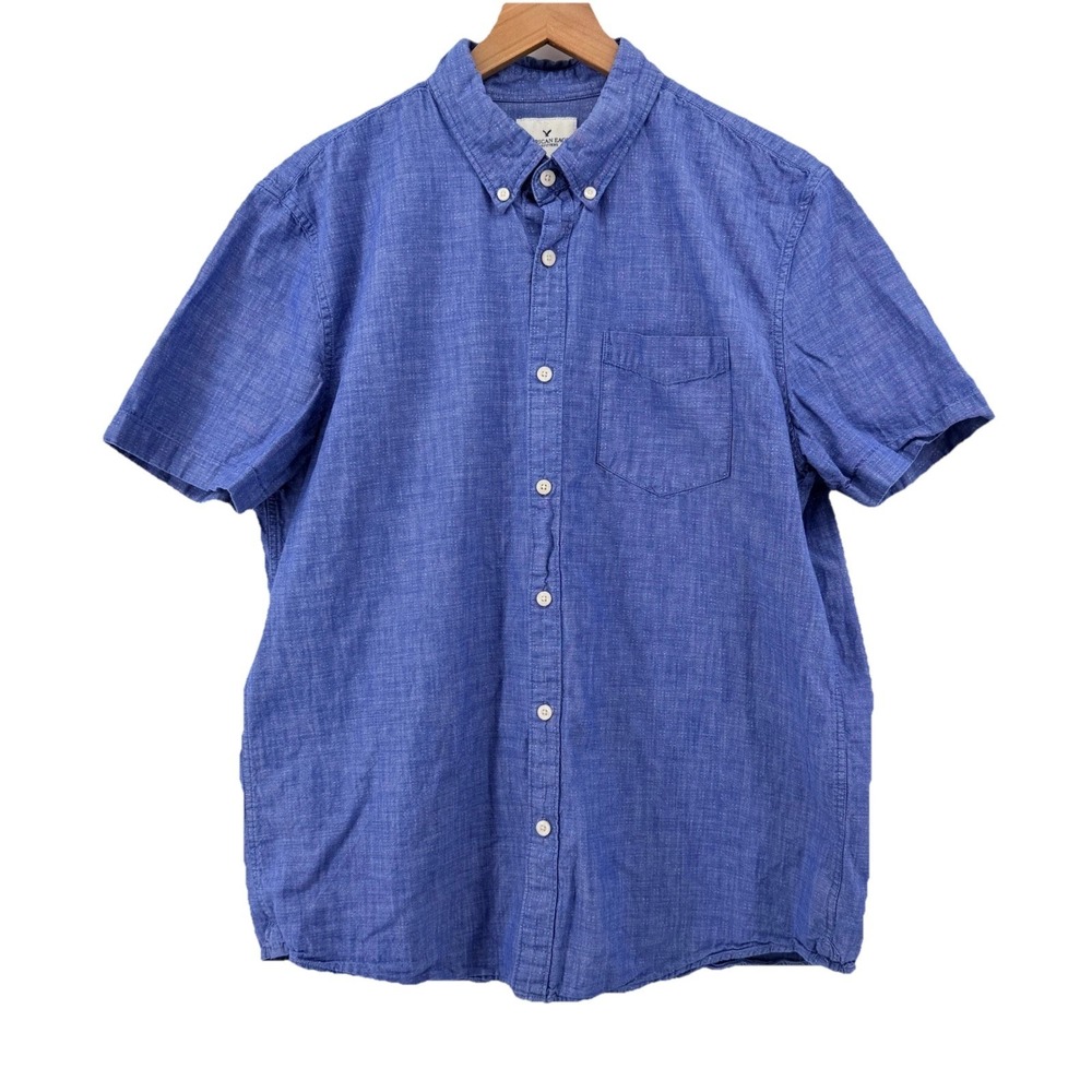 American Eagle Shirt Mens L Blue Geometric Slim Cotton Chambray Short Sleeve - Picture 3 of 12